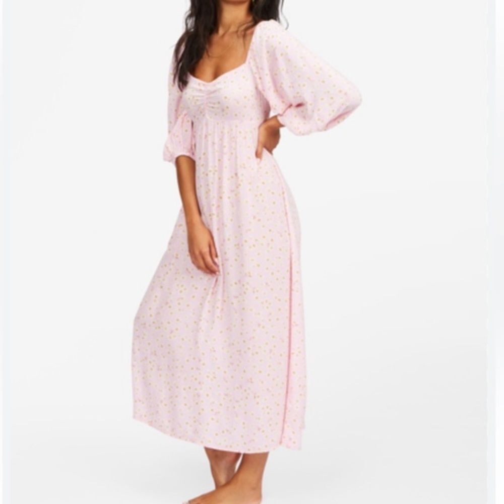 Billabong Dress Womens Medium Pink Swept Away Midi Peasant Casual Boho Floral